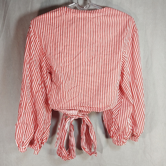 H&M Candy Stripe Red  White Cotton Tie Up Long Sleeve Blouse Top, Medium - Picture 3 of 14